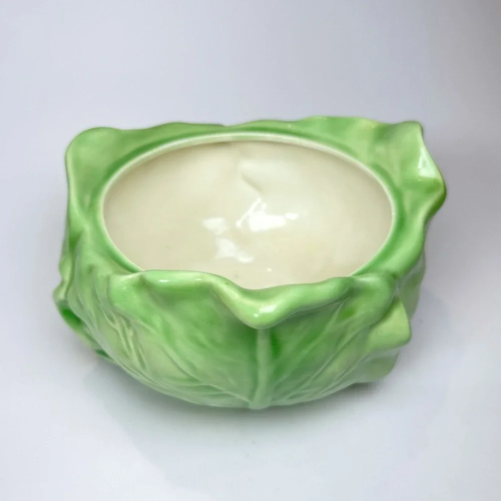 Vintage Holland Mold Cabbage Leaf Ceramic Bowl Green Signed E Settle No Lid